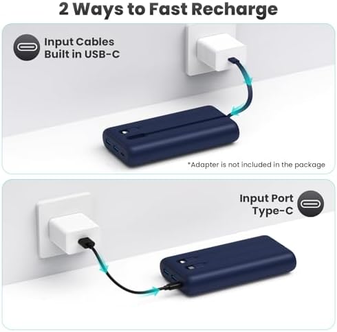 Ultra-High Capacity 40,800 m Ah Power Bank with 25 W Fast Charging – Dual Built-in Cables & 5 Outputs for Quick Device Charging – Compatible with i Phone 16/15 & Android – Sleek Blue Portable Charger for On-the-Go Power Solutions