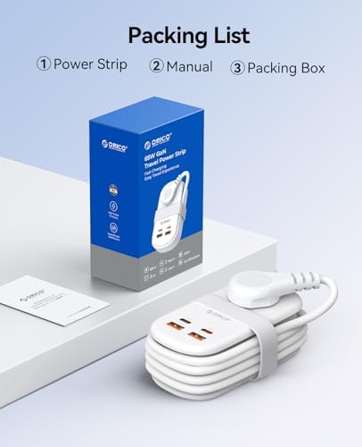 ORICO 65 W Ga N Travel Power Strip: 7-in-1 Charging Solution with 3 AC Outlets, 2 USB-A, 2 USB-C Ports, Flat Plug Design & 4 FT Extension Cord – Ultimate Fast Charger for Mac Book Pro/Air, i Pad Pro, i Phone 15/14/13 – Lightweight & Portable for Effortless Travel