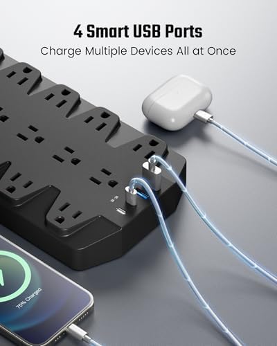 Maximize Your Power Efficiency with SUPERDANNY 18-Outlet Surge Protector Power Strip – 4 USB Charging Ports, 1875 W/15 A, 2100 J Surge Protection, 6.5 FT Heavy-Duty Flat Plug Extension Cord for Home, Office, Gaming, and Dorm Use – Versatile Wall Mount Design for Unmatched Convenience and Safety
