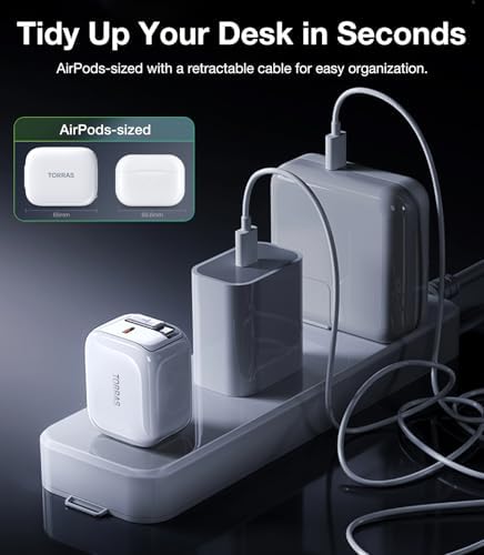 Experience Maximum Efficiency with TORRAS Flex Line 40 W Dual-Port USB-C Charger Block for Galaxy Z Fold 7 – Fast Charging Power Adapter with Retractable Cable, Ideal for i Phone 15/16 & Samsung Galaxy S25/S24 Ultra, Sleek Gold Finish for Ultimate Style and Portability