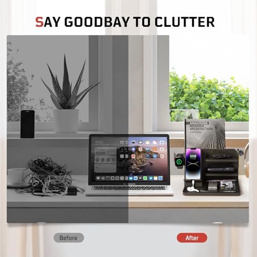 Nightstand Organizer, Wood Phone Docking Station with Adjustable Rack, Bedside Desk Organizer, EDC Tray for Men, Dads, Husbands – Ideal for Anniversaries and Birthdays – Dark Brown – Enhanced Compatibility and Speed