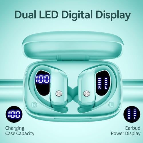 Bmani Bluetooth Wireless Earbuds: 48-Hour Playtime Sport Headphones with LED Battery Display, Mint Green Over-Ear Design featuring Secure Earhooks and Built-in Mic for Ultimate Workout Performance and Enhanced Compatibility