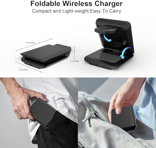 Portable 2-in-1 Fast Charging Station for Samsung Galaxy Z Flip Series – Foldable Wireless Charger with Enhanced Compatibility for Galaxy S, Note, and Watch – Ideal Travel Companion with Adapter Included – Sleek Black Design for Effortless Power on the Go