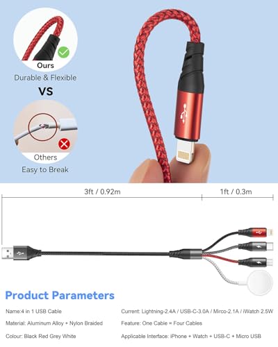 Revolutionary 4-in-1 Fast Charging Cable for Apple Watch and i Phone – Versatile Multi-Device Charger Compatible with i Phone 16, 15, 14, 13, Galaxy Models, and All Apple Watch Generations – Durable 4-Foot Braided Cord for Effortless Portability and Rapid Power Restoration – Your Essential Tech Companion for Streamlined Charging Solutions