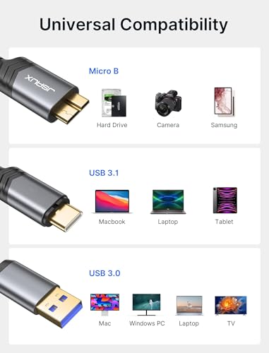 JSAUX Hard Drive Cable 3.3FT, 20Gbps Micro B to USB C/A Cord External Hard Drive Cable Nylon Braided Compatible with Seagate WD Toshiba Westgate, MacBook Air M2 Pro, Camera, iPhone 15 Pro Max – Enhanced Compatibility and Speed