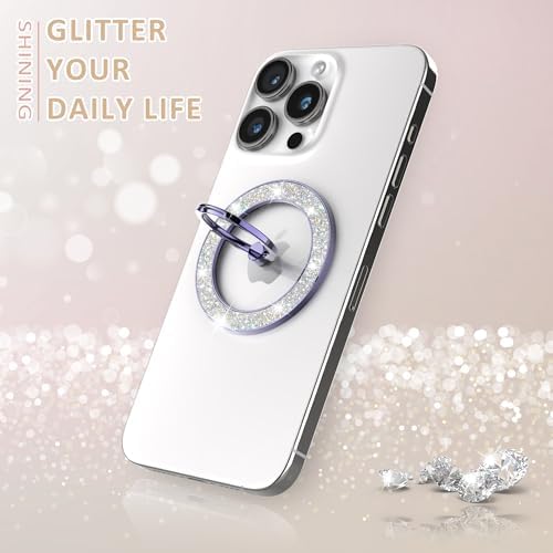 Glamorous Purple Glitter Magnetic Phone Ring Holder for Mag Safe – Secure i Phone Grip with Wireless Charging Compatibility – Elevate Usability and Style Effortlessly