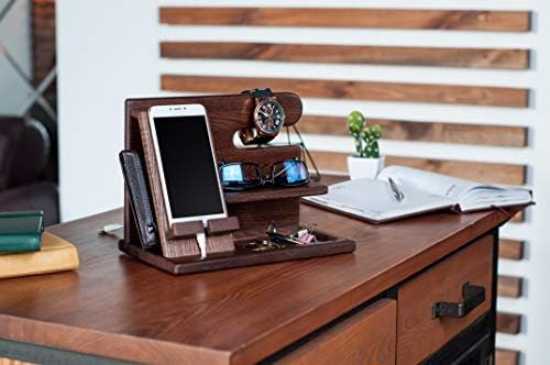 TESLYAR Wood Phone Docking Station for Men – Desktop or Nightstand Organizer – Birthday Gifts for Men, Dad – Anniversary Idea from Wife – Key Holder, Stand Wallet, Watch & Essentials (Antique Brown) – Enhanced Compatibility and Speed