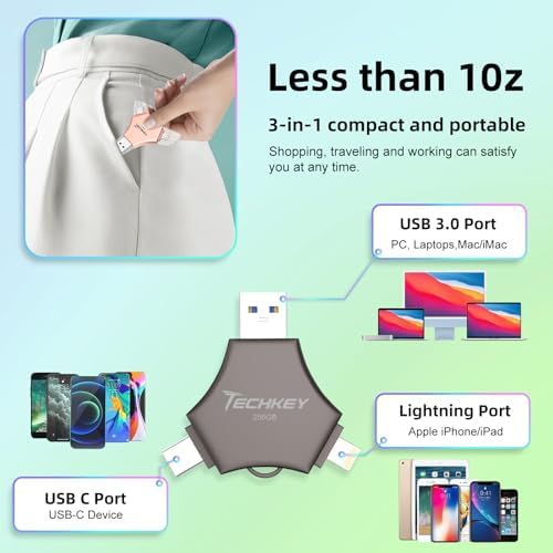 MFi Certified 128 GB USB 3.0 Flash Drive – 3-in-1 External Memory Stick for i Phone, i Pad, Android & PC – High-Speed Data Transfer for Photos, Videos & Backup – Ultimate Portable Storage Solution for Effortless Data Management and Secure File Sharing