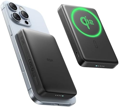Ultra-Compact ESR Mag Safe Power Bank – 5,000 m Ah Fast Charging Battery Pack with Qi2 Certification – Slim 0.55 in Design for i Phone 16/15/14/13/12 – 15 W Wireless & 20 W USB-C Charger with Cable – Essential Travel Accessory for On-the-Go Power