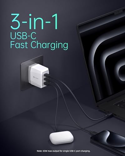 Volcan 65 W Ga N USB-C Triple Port Fast Charger – Ultra-Compact Travel Wall Adapter for Laptops, Tablets & Smartphones – Optimal Power Delivery for i Phone 15/14/13/12/11/X, Mac Book Pro/Air, Samsung Galaxy, Pixel & More – Sleek Design for On-the-Go Efficiency