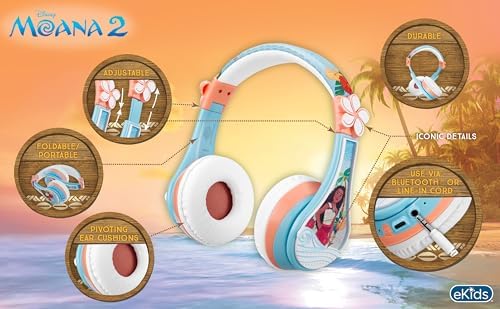 Moana-Inspired Kids Bluetooth Headphones – Over-Ear Comfort with Built-in Microphone and Auxiliary Cord – Ideal for School, Travel, and Home Audio – Superior Sound Quality and Enhanced Connectivity for Young Disney Fans