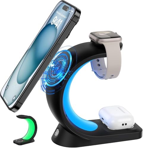 Revolutionize Your Charging Experience with the 4-in-1 Magnetic Wireless Charger for Apple Devices – Fast Charge Your i Phone 16/15/14/13/12 Series (Pro, Max), i Watch (Series 2-9), and Air Pods with Integrated RGB LED Night Light – Optimal Compatibility and Advanced Power Delivery