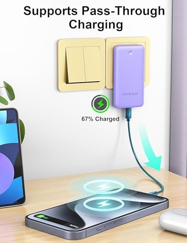 miisso Ultra Slim 10000 m Ah Portable Power Bank with Built-in Cables and Foldable Wall Plug – Compact USB-C Charger for i Phone, Samsung, i Pad & More – Perfect Travel Companion for On-the-Go Charging Efficiency