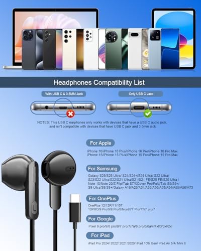 Elevate Your Audio Experience with LCdaymini USB C Earbuds – Premium Wired Headphones for i Phone 16, i Phone 15 Pro Max, Samsung Galaxy S25/S24/S23 Ultra & Google Pixel 9/8 – Immerse in High-Fidelity Sound, Enjoy Effortless Call Management with In-Line Microphone, Convenient Volume Control, and Ultra-Lightweight Design for All-Day Listening Comfort