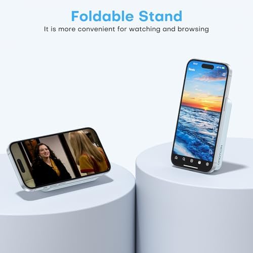 OMOTON 10,000 m Ah Magnetic Power Bank with Foldable Stand – Fast Charging Battery Pack for i Phone 15 and Above, Enhanced LED Display for Real-Time Monitoring, Sleek Gray and White Design for Ultimate Portability and Style