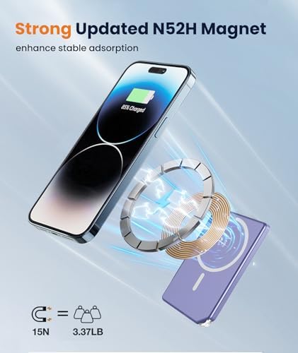 Ultra-Compact Blue Magnetic Wireless Power Bank for i Phone 12-16 Pro Max – 5000 m Ah Fast-Charging Battery Pack with Seamless Attachment for On-the-Go Convenience and Enhanced Compatibility – Essential Travel Accessory for Effortless Energy Backup