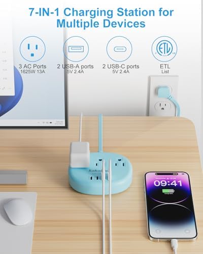 Stylish Brown Extension Cord with 1080 J Surge Protection – 5 FT Flat Braided Design Featuring 3 AC Outlets & 4 USB Ports (24 W/4.8 A) for Fast Charging – Ideal Tan Desk Accessory for Powering Devices Safely & Efficiently