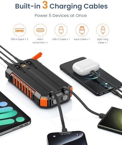 Hiluckey 27,000 m Ah Solar Power Bank with Triple Integrated Cables – Fast 15 W Multi-Device Charger with Five Outputs and Dual Flashlights for Ultimate Outdoor Versatility and Reliability