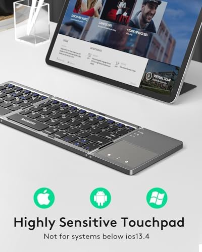 Samsers Portable Bluetooth Keyboard with Touchpad – Ultra-Slim Foldable Wireless Keyboard for Effortless Typing on Android, Windows, and i OS Devices – Rechargeable, Travel-Friendly Design with Device Holder – Black