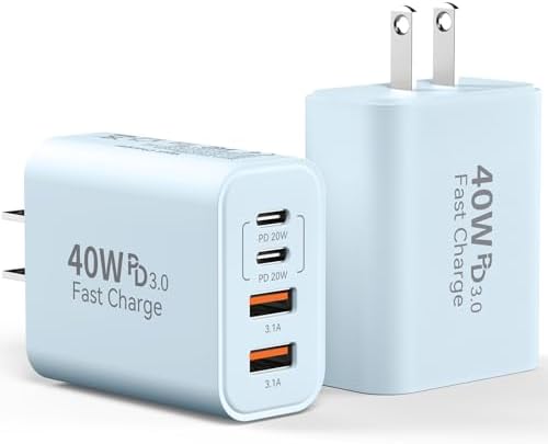 40 W USB C Charger Block – Dual Pack of 4-Port Fast Charging Power Bricks with PD & QC 3.0 Technology for i Phone 16/15/14/13/12/11 Pro Max, i Pad, Galaxy, Pixel – Sleek White & Blue Design for Convenient Multi-Device Charging