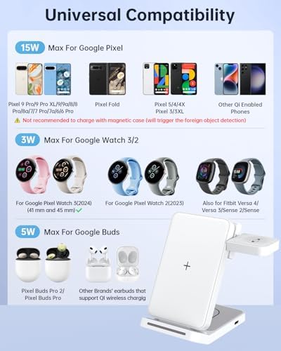 Revolutionary 3-in-1 Foldable Wireless Charger for Google Pixel Devices – Fast Charging Stand for Pixel Watch 3/2, Pixel 9 Pro/XL/9 a/8 Pro/8 a/7 Pro/7 a/6 Pro & Pixel Buds Pro 2 – Compact, Portable Design with Adapter Included – Sleek White Finish for Home or Travel – Ultimate Solution for Efficient Multi-Device Charging