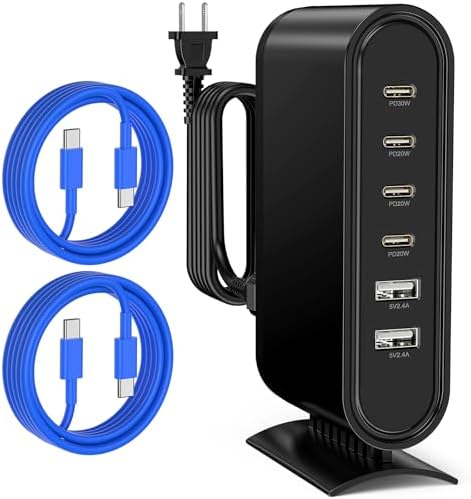 High-Power 96 W Multi-Device Charging Station – 6-Port USB-C Fast Charging Hub with 6 ft Cables for i Phone 16, 15 Pro Max, Samsung, Android & i Pad – Sleek Black Organizer for Home & Office Use – Rapid Charging Solution to Eliminate Cable Clutter