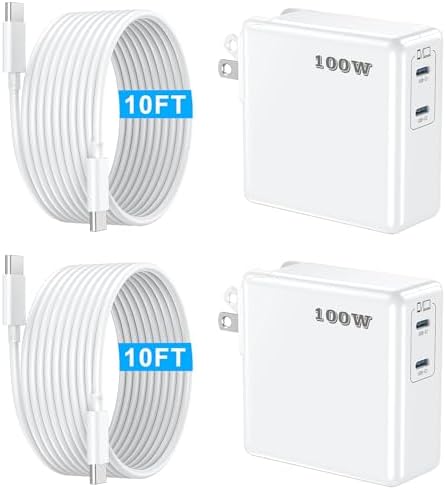 Ultra-Fast 100 W Dual-Port USB-C Charger for Mac Book Pro/Air & USB-C Devices – Includes 10 FT C to C Cable for Maximum Convenience – Unmatched Compatibility with i Phone & Samsung Galaxy – Optimal Safety with Advanced Protection Features – Perfect for M1/M2/M3 Chip Performance – 18-Month Hassle-Free Warranty for Peace of Mind