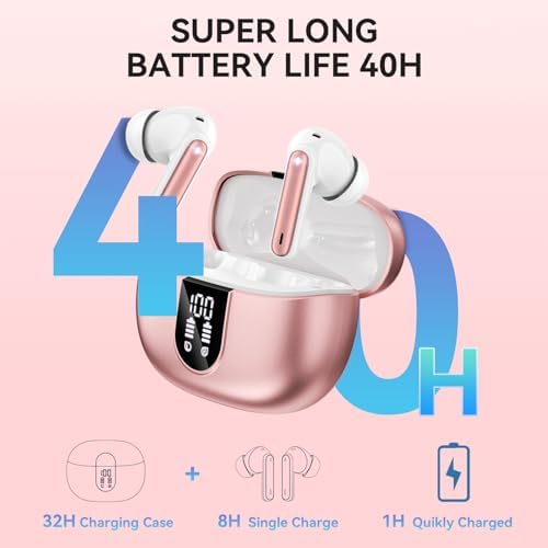 Elevate Your Sound Experience: Stylish Rose Gold Wireless Earbuds with Bluetooth 5.3, 40-Hour Playtime, Deep Bass Stereo, Noise-Canceling Mic, and IP7 Waterproof Durability for i OS & Android Devices – Perfect for Music Lovers and Active Lifestyles
