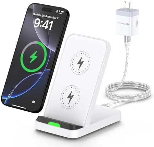 15 W Fast Wireless Charger Stand for Samsung Galaxy S25/S24/S23, i Phone 16/15, Google Pixel 9 Pro – Ultimate Desk Charging Station with Dual Viewing Angles, Quick Charge 3.0 Adapter, and Enhanced Safety Features for All Compatible Devices