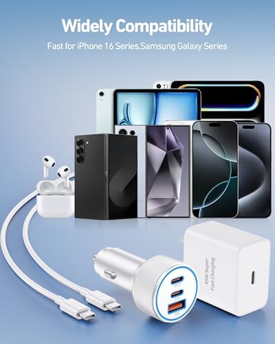 Ultimate 4-in-1 USB C Fast Charging System: 67 W 3-Port Car Charger, 45 W Wall Adapter, and Dual 3 FT USB C Cables for i Phone 16 Series, i Pad, and Mac Book – Superior Speed and Compatibility for On-the-Go Power Solutions