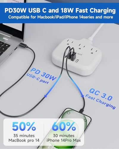 Ultimate Universal Travel Plug Adapter with PD30 W Fast Charging Hub – 3 Multi-Port Connectivity for International Travel, Featuring Dual USB-C & USB-A Outputs, 3 ft Extension Cord for Effortless Power in EU, US, UK, France & Spain – Perfect Solution for Global Adventurers Seeking Reliable Charging Options