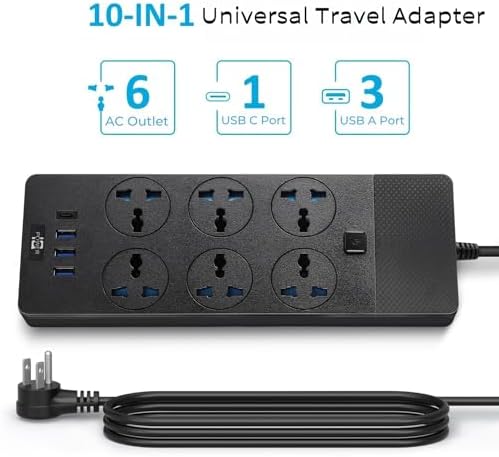 Jumpso 3000 W Universal Power Adapter with 4 Fast-Charging USB Ports (1 USB-C) – 6 ft Heavy-Duty Extension Cord for Global Travel & Home Office Use – Versatile Power Strip with International Outlets, Safe Overload Protection, and Sleek Design for Effortless Device Connectivity