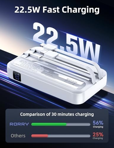 10000 m Ah RORRY Portable Charger with Built-in Cables & AC Wall Plug – Ultra-Fast 22.5 W Power Bank for i Phone 16/15/14, Samsung Galaxy S24/S23/S22, Google Pixel, LG, i Pad – Exceptional Travel Companion with Multi-Device Charging Capability and Enhanced Compatibility