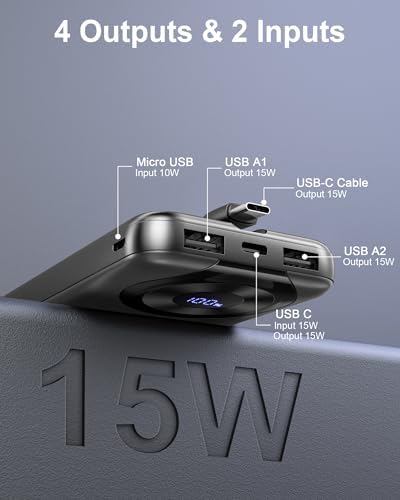 High-Capacity 10000 m Ah USB-C Power Bank with 22.5 W Fast Charging – Travel-Ready Portable Charger Featuring Built-in Cables, Triple Output Ports & HD LED Display for Efficient Device Charging on the Go