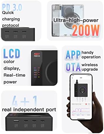 Revolutionize Your Workspace with the ISDT Power 200 H – Advanced 200 W USB C Desktop Charging Station Featuring 4+1 Ports for Lightning-Fast Charging of Mac Book Pro/Air, i Pad, i Phone, Galaxy & Pixel – Magnetic Functionality & Included Power Adapter for Optimal Efficiency and Device Organization