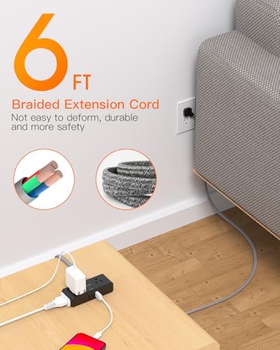 BESHON 10 ft Flat Plug Extension Cord with 4 Wide Outlets & 3 USB Ports (2 USB-C) – Versatile Power Strip for Home, Office & Dorm – Space-Saving Design with Surge Protection & Fast Charging Capabilities