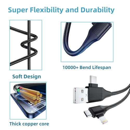 Versatile 4 in 1 Charging Cable Duo – 60 W Fast Charge & Data Sync Solutions for i Phone, i Pad, Laptop & More – MFi Certified Lightning, USB-C, USB-A Compatibility, 3.3 FT Durable Length for Effortless Connectivity – All-in-One Multi Charger Cord for Enhanced Efficiency and Reduced Clutter