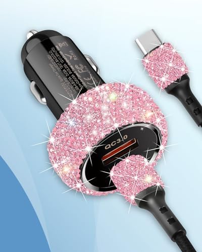 Stylish Pink Bling USB C Car Charger – 48 W Power Delivery & Quick Charge Dual-Port Adapter with 3.2 FT Type-C Cable for i Phone 16, 15 Pro Max, i Pad, Samsung Galaxy & Android Devices – Ultimate Fast Charging Solution for On-the-Go Convenience and Enhanced Compatibility