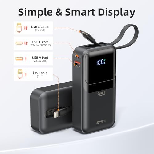 Ultimate 30 W Fast Charging Mini Power Bank for i Phone and Samsung – 10,000 m Ah Portable Charger with Built-In USB-C & Lightning Cables, LED Battery Indicator – Perfect Travel Companion for On-the-Go Charging