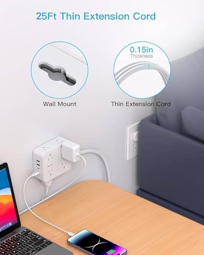 HANYCONY 15 Ft Extension Cord Power Strip with 8 AC Outlets & 4 USB Ports (2 USB-C) – 1080 J Surge Protector for Enhanced Safety, Wall Mountable Desk Charging Station for Home Office & College Dorm Essentials