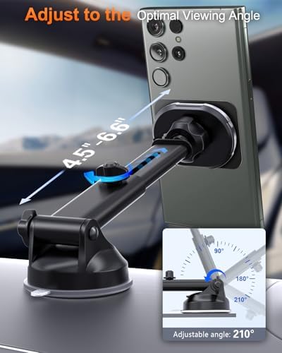 volport Magnetic Phone Holder for Car, Industrial-Strength Suction Cup Phone Mount Windshield Dashboard, Strong Magnets Adjustable Phone Mount for Phone, Requires Metal Plate (3 Included) for Use – Enhanced Compatibility and Speed