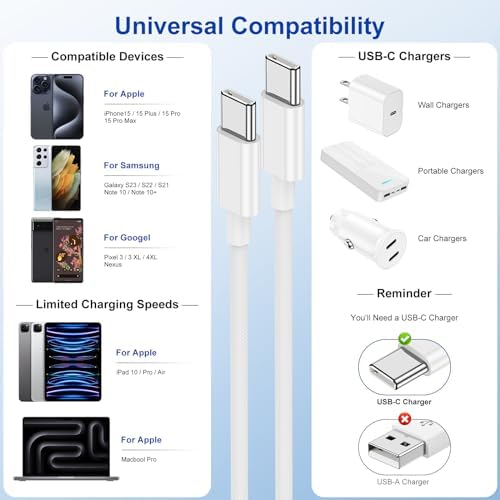Apple i Phone 15 Charger Cable Trio – 6 ft USB-C to USB-C Fast Charging Set for i Phone 15, Mac Book & i Pad 12.9 – Superior Durability & Enhanced Compatibility for Effortless Powering Solutions