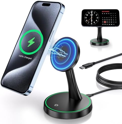 Efficient Magnetic Wireless Charging Stand – 15 W Fast Mag Safe Charger for i Phone 16 Series & Earlier, Sleep-Friendly Indicator Light, Sleek Design, Enhanced Compatibility & Quick Charge for Air Pods – Ultimate Cordless Convenience