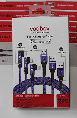 Ultimate 3-Pack Lightning Charging Cables: Fast USB-A to Lightning Data Transfer, Durable Braided Blue Design – 6 ft, 3 ft, 1 ft Lengths with Right Angle Connector for Enhanced Accessibility and Speed – Apple Certified i Phone Charger Solution