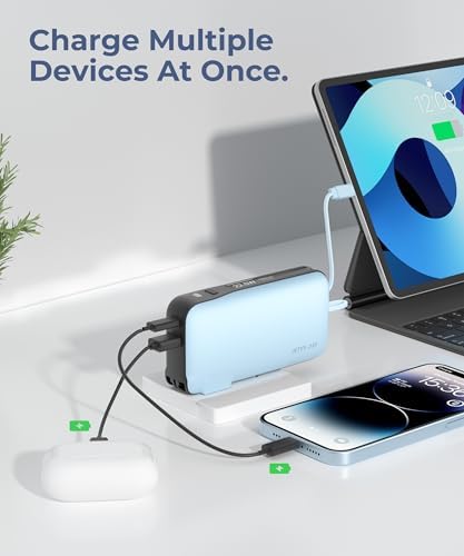 Ultimate 10,000 m Ah Portable Charger with Built-in USB-C Cable & Plug – Fast 22.5 W Power Bank for Seamless Charging of i Phone 16/15, Samsung Galaxy & i Pad – Compact Travel Essential with Triple Output Ports for Maximum Device Compatibility