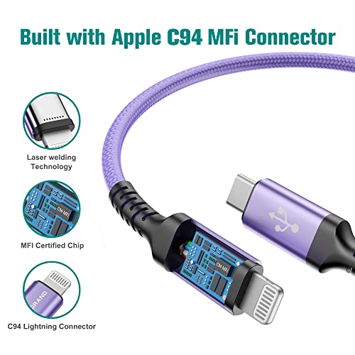 Apple C94 MFi Certified USB-C to Lightning Braided Charging Cable – 6 Ft Durable Nylon, Fast Charge for i Phone 14/13/12/11 Pro, Air Pods, and i Pad – Vibrant Purple for Enhanced Style and Performance