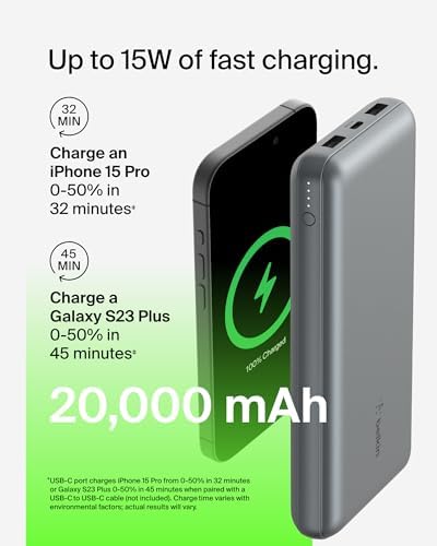 Belkin 20000 m Ah USB-C Power Bank – Dual USB-A Ports, Fast 15 W Charging for i Phone 16/15 Plus, Samsung Galaxy S25, Pixel, i Pad, Nintendo Switch 2 – Travel-Friendly Design in Pearl Blue for Enhanced Device Compatibility and On-the-Go Power