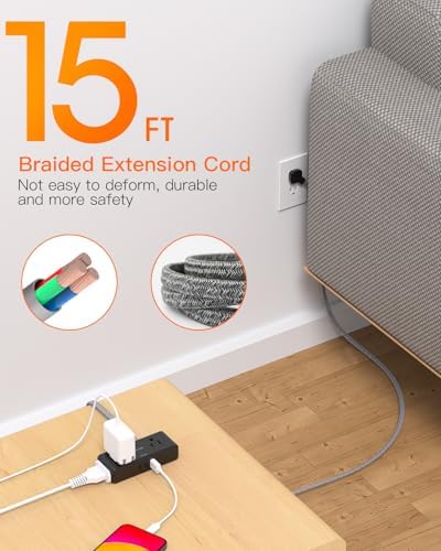 BESHON 10 ft Flat Plug Extension Cord with 4 Wide Outlets & 3 USB Ports (2 USB-C) – Versatile Power Strip for Home, Office & Dorm – Space-Saving Design with Surge Protection & Fast Charging Capabilities