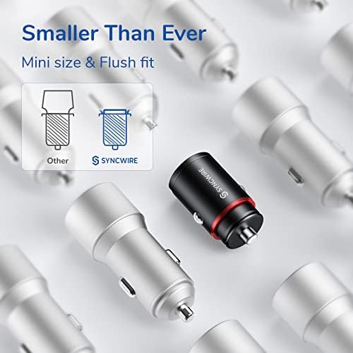 Compact USB C Car Charger by SYNCWIRE – 60 W Fast Charging Adapter with PD 30 W & QC 30 W Capabilities for i Phone 16 Pro Max, Samsung S25/S24, Google Pixel & i Pad – All-Metal Design for Ultimate Durability – Dual USB Ports for Multi-Device Charging – Essential Road Trip Accessory with LED Status Indicator
