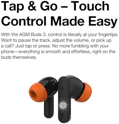 AGM Buds 3: Cutting-Edge True Wireless Bluetooth Earbuds with Advanced Noise Cancellation, 20-Hour Extended Battery Life, and Superior Call Clarity – Stylish Black & Orange Design for Unmatched Audio Experience and Seamless Connectivity